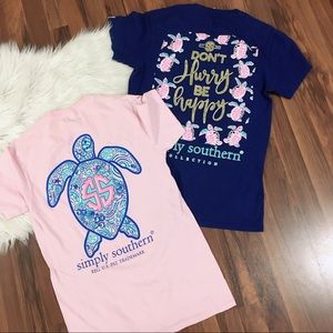 Lot 2 Simply Southern "Don’t Hurry Be Happy” Blue/ Pink Short Sleeve T Shirts